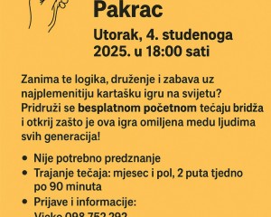 POČETNI TEČAJ BRIDŽA U PAKRACU Zabava, logika i druženje